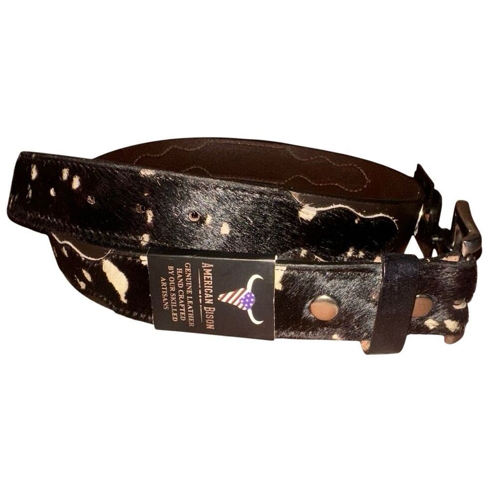 American Bison Genuine Leather Hair On Belt Black Cowhide Womens Medium 34-36 NE
